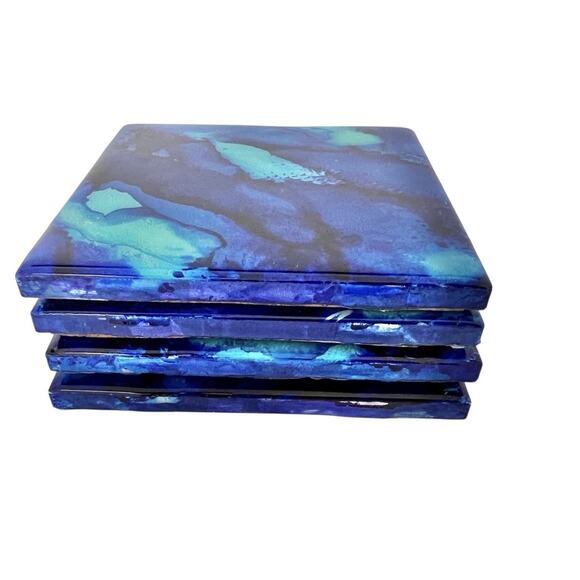 Coasters Lot 4 Art Glass Tiles Blue Green Abstract Artisan Square Cork 4.25 Inch - Picture 3 of 12